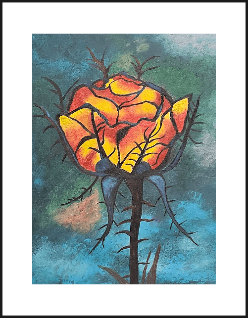 Abstract painting of a vibrant, fiery flower.
