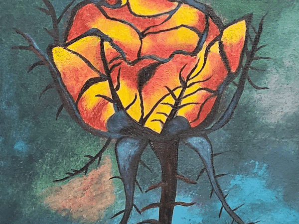 Abstract fiery flower with thorny stem.