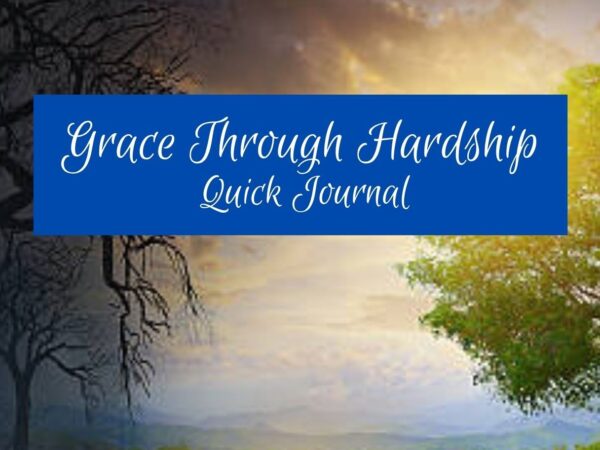 A journal titled 'Grace Through Hardship' with contrasting tree imagery.