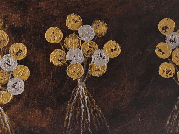 Artistic representation of a tree with gold and silver coin-like leaves on a dark background.