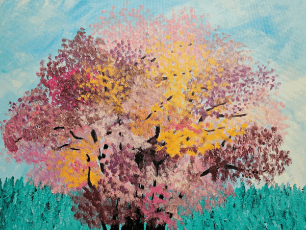 Colorful abstract tree painting with vibrant pink, yellow, and purple hues.
