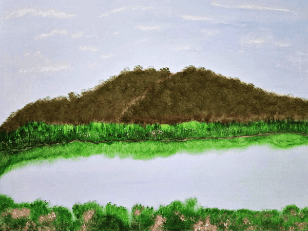 A tranquil lake with lush greenery and a hill under a cloudy sky.