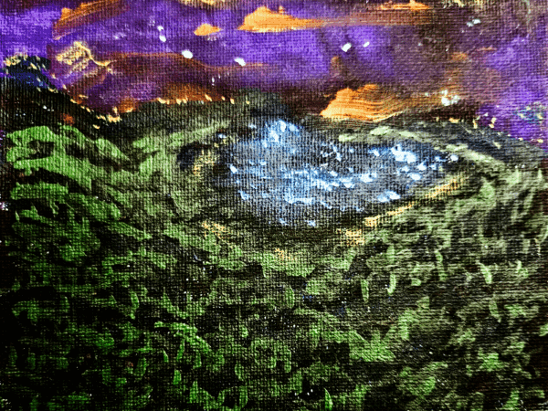 Abstract painting of a blue pond surrounded by green foliage under a purple sky.