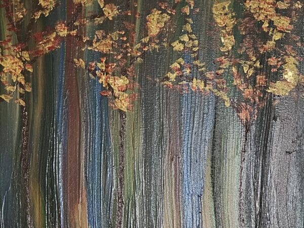 Textured forest painting with golden autumn leaves