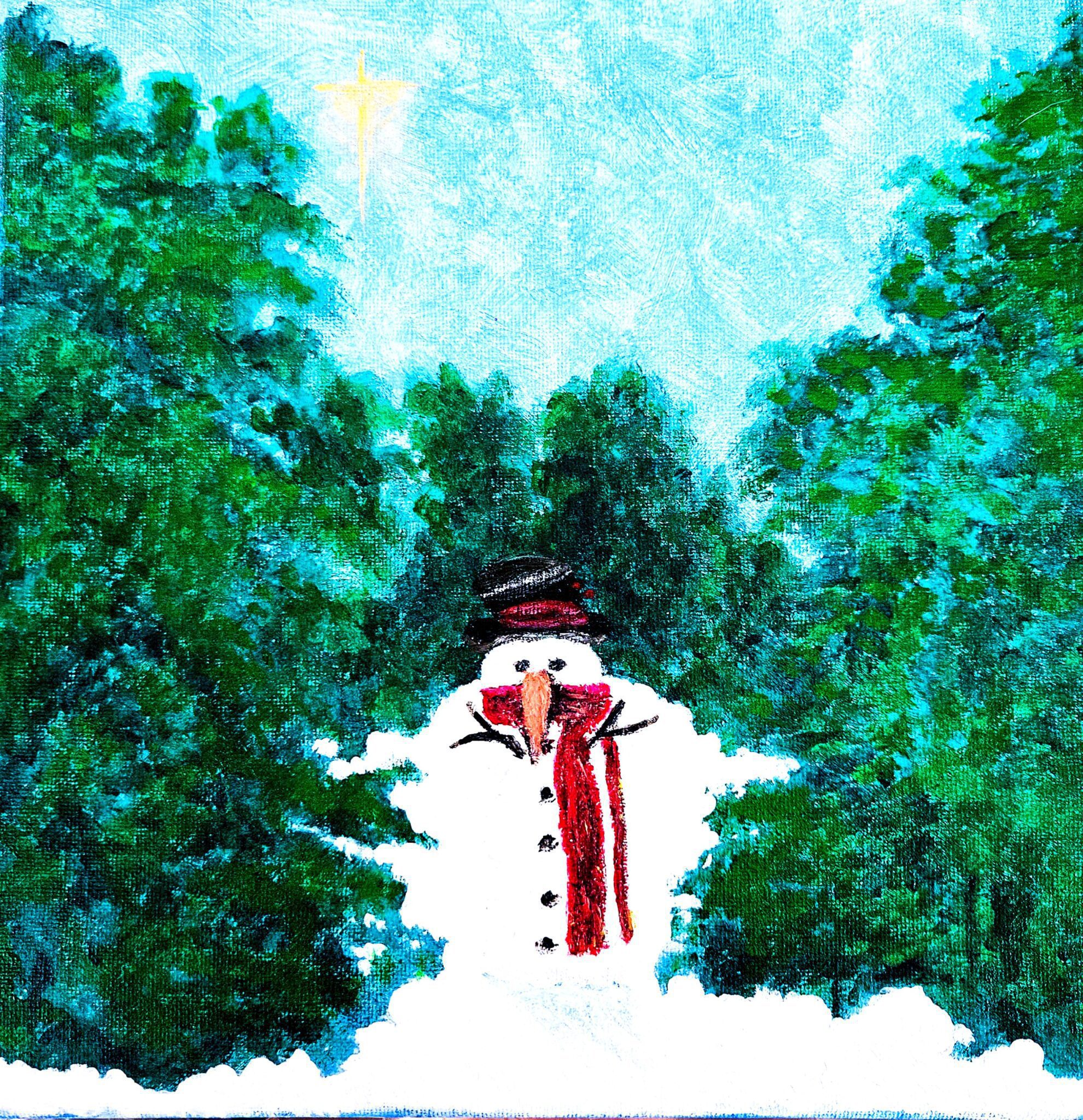 A cheerful snowman stands between two green pine trees in a snowy landscape.