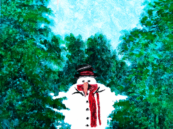 Snowman with red scarf among evergreen trees