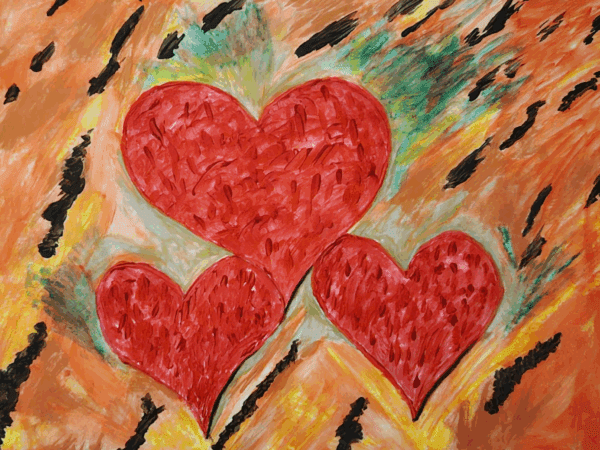 Three red hearts painted on a colorful textured background.