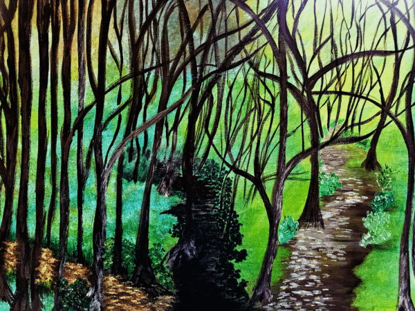 A vibrant forest scene with a winding path and dense trees.