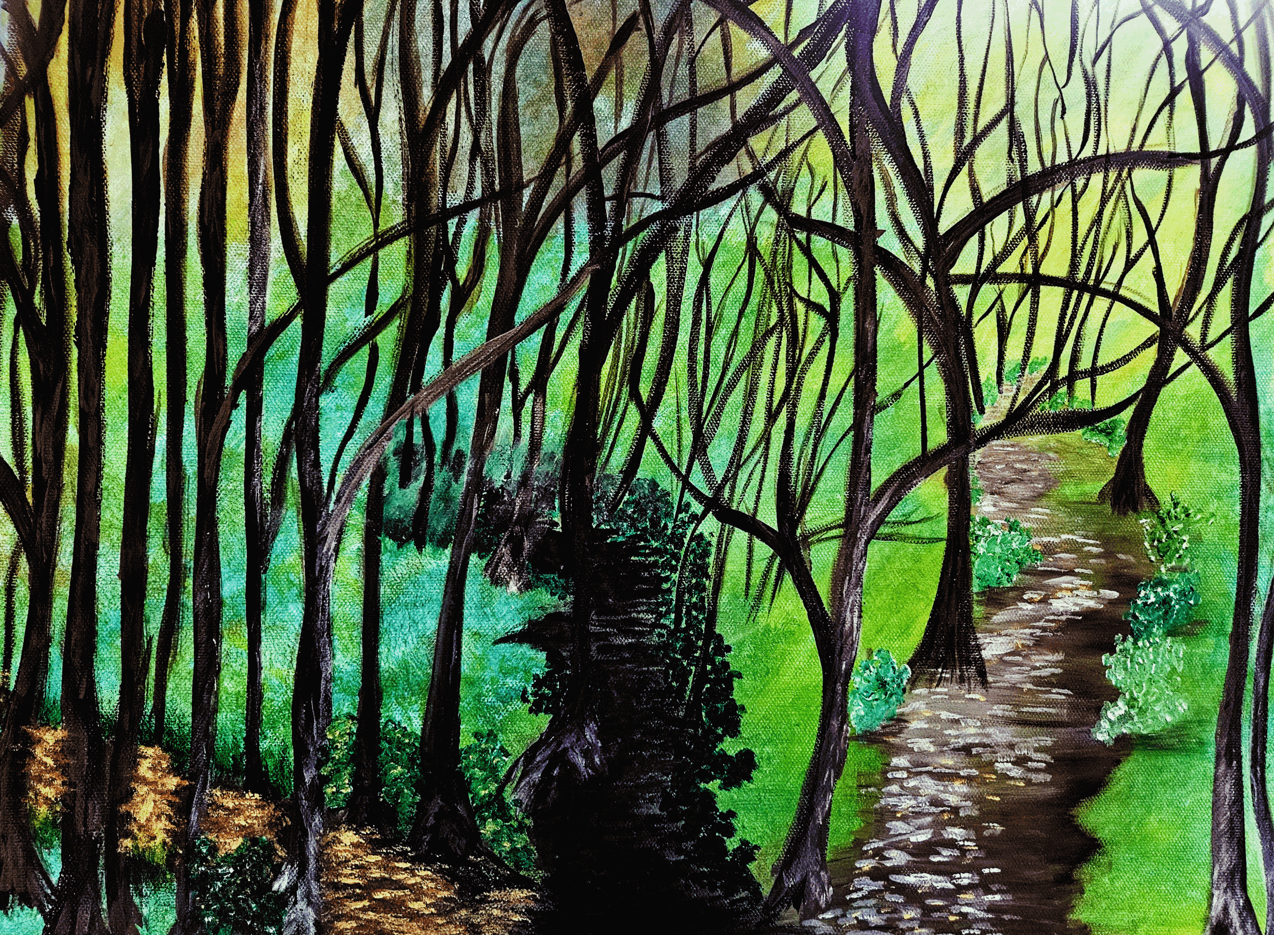 A vibrant forest scene with a winding path and dense trees.