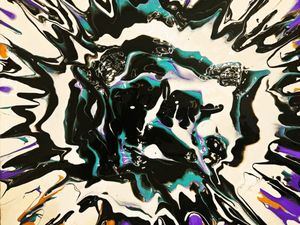 Abstract painting with black, white, purple, and turquoise splashes.