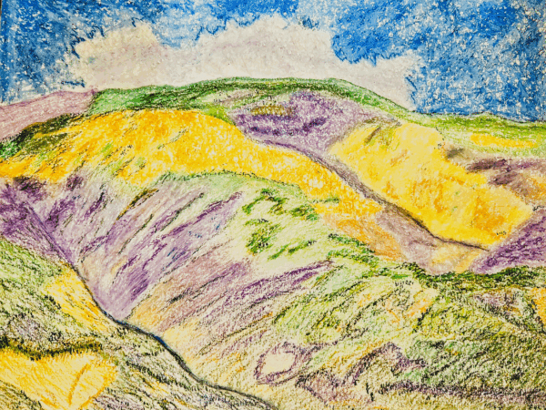 Colorful pastel landscape with rolling hills under a partly cloudy sky.