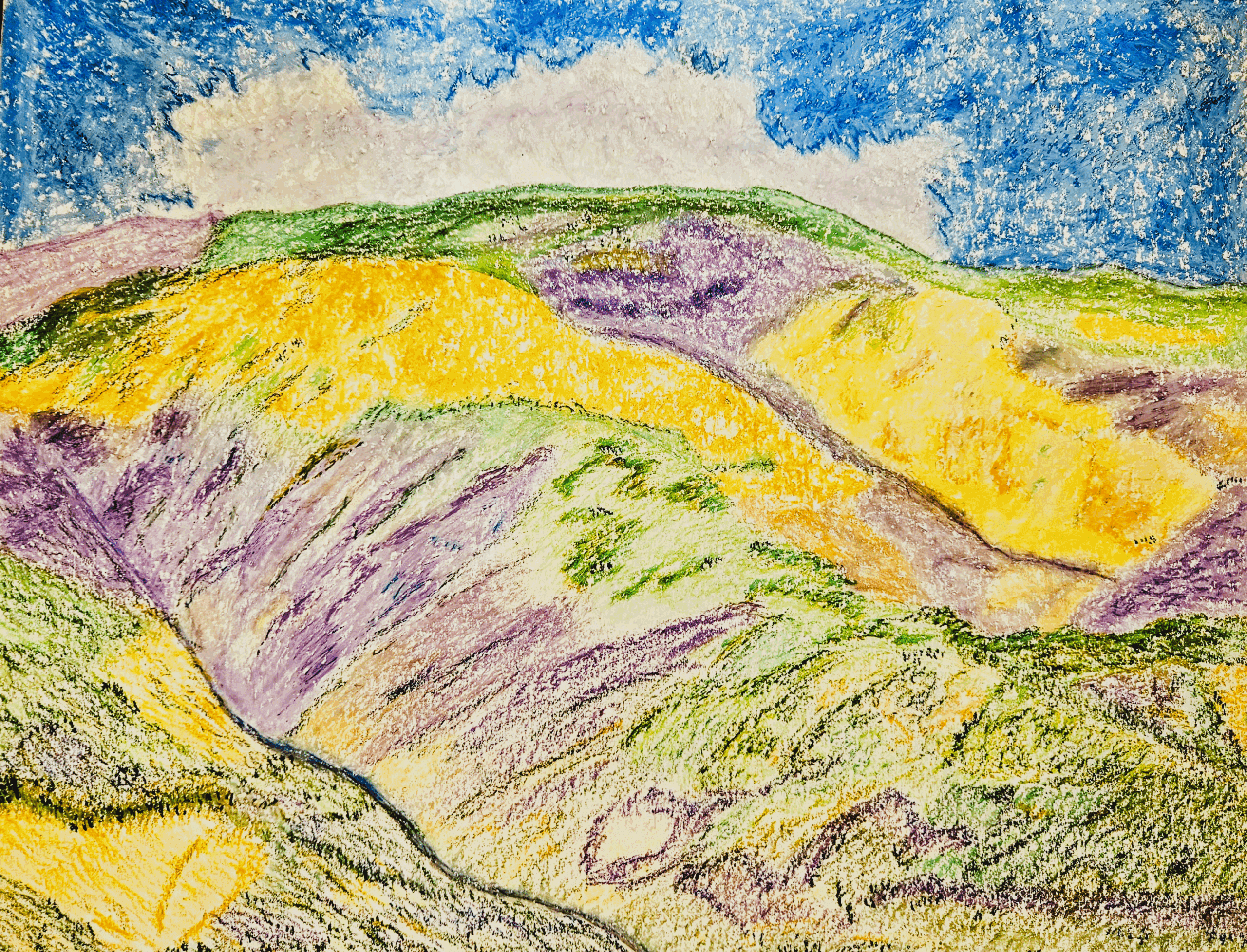 Colorful pastel landscape with rolling hills under a partly cloudy sky.