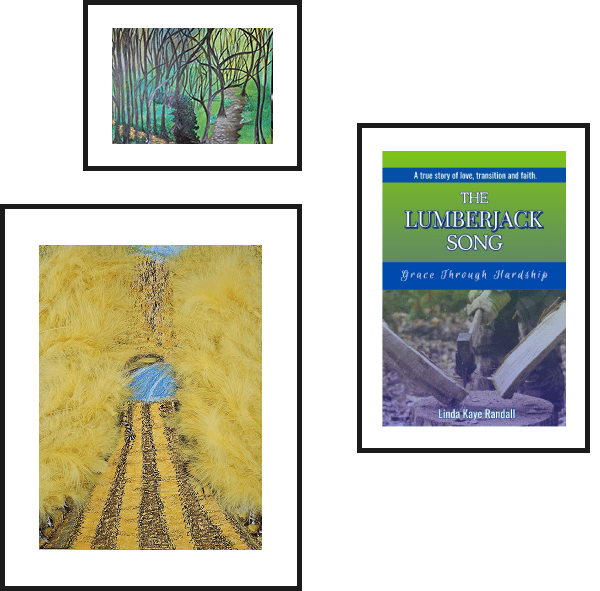 Three framed artworks: a colorful abstract, a textured yellow piece, and a book cover.