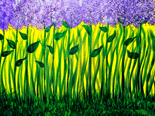 Abstract painting of purple blossoms and stems