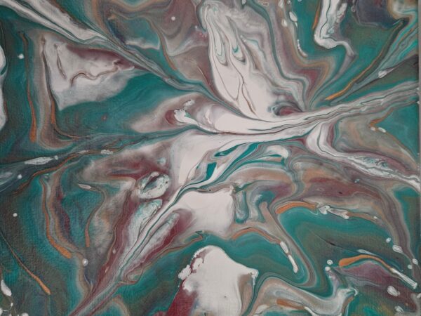 Teal, burgundy, and white fluid abstract painting