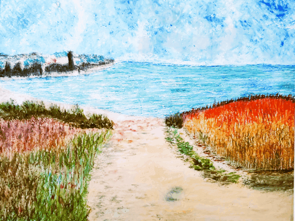 Sandy path to ocean with colorful dunes