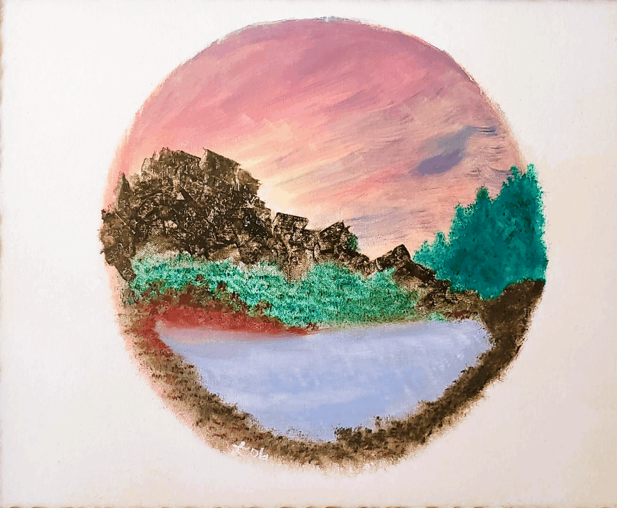 Circular landscape painting of lake at sunset
