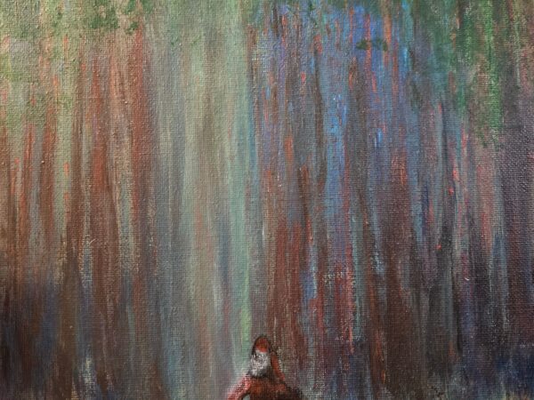 Red-cloaked figure in misty multicolored forest