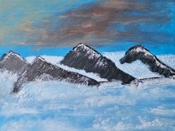 Painting of snowy mountain peaks above clouds