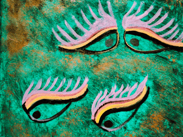 Stylized eyelash motifs on textured teal background