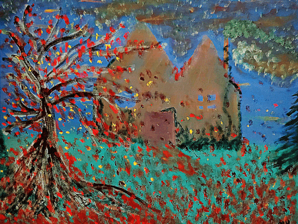 Impressionist autumn tree beside lakeside cottages