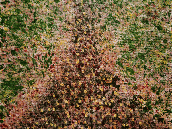 Abstract painted Christmas tree with gold ornaments