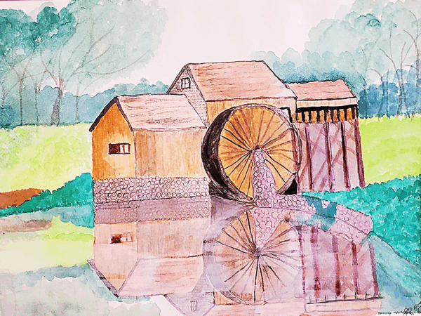 Watercolor mill with waterwheel reflected in pond