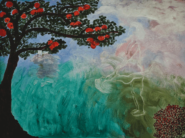 Red-flowered tree by teal water, ethereal figure