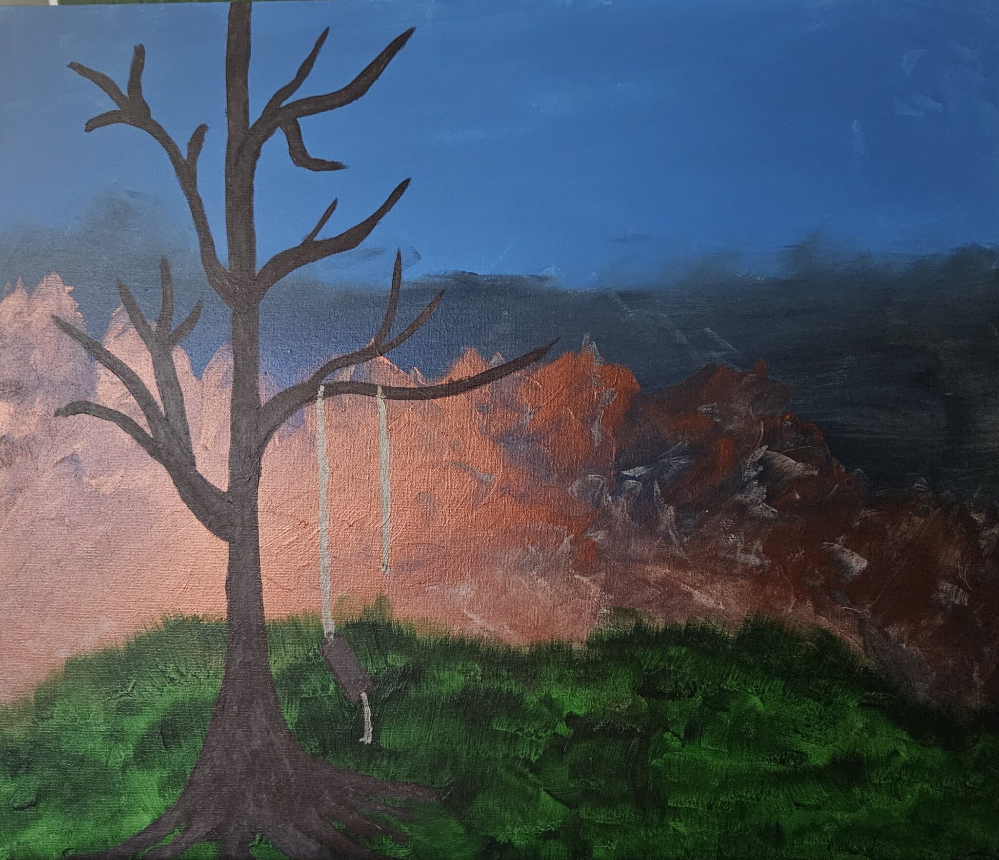 Painting of lone figure hanging from tree