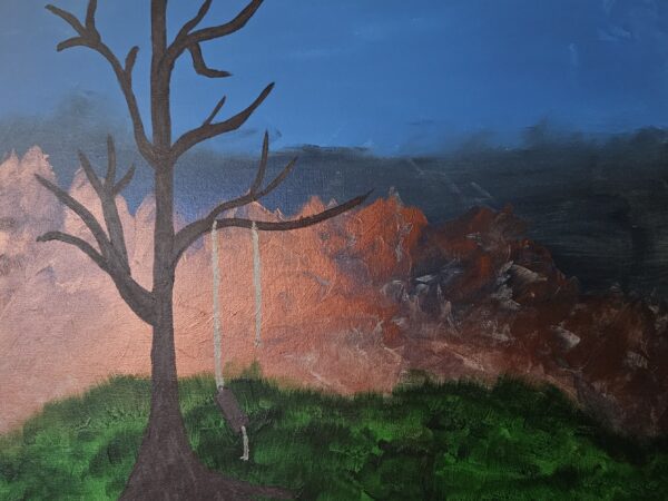 Painting of lone figure hanging from tree