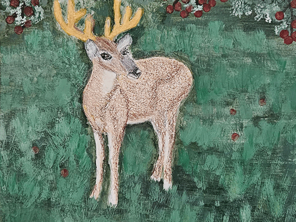 Pastel painting of deer with golden antlers