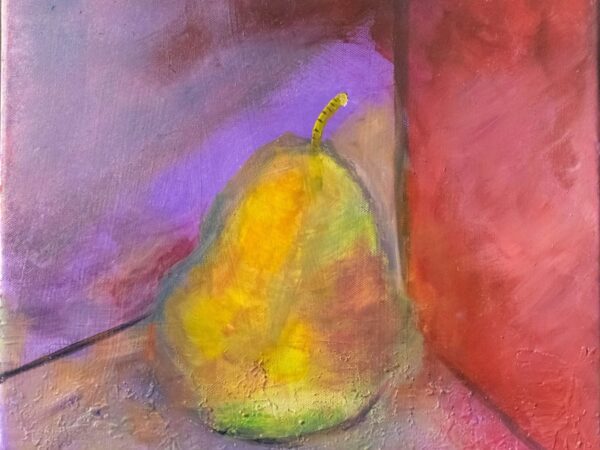 Painterly yellow pear against purple and red backdrop
