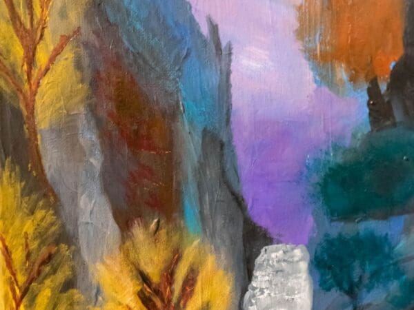 Purple-sky landscape painting with golden trees