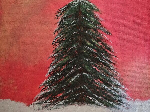 Snow-dusted evergreen tree painting on red background