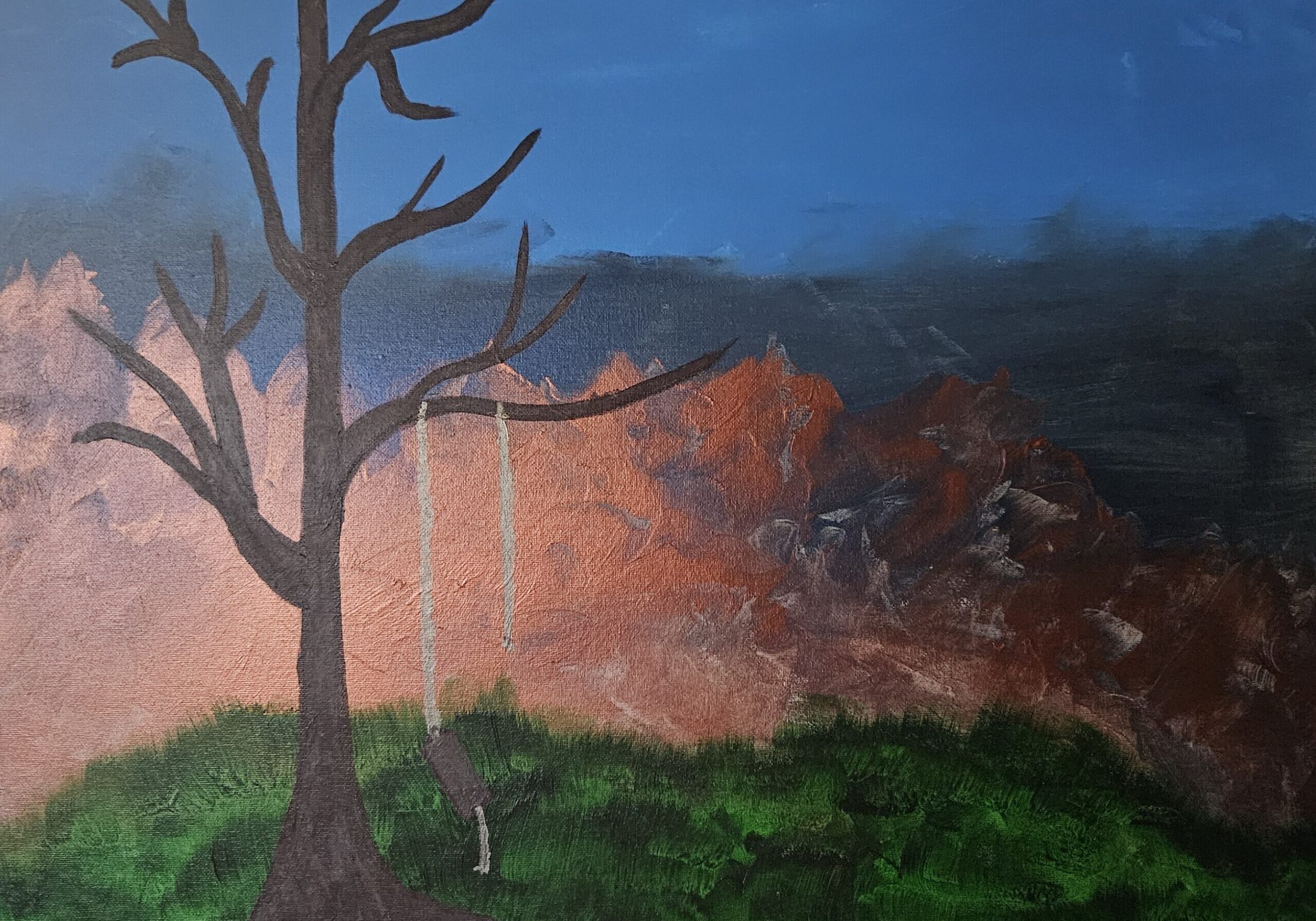 Painting of lone figure hanging from tree