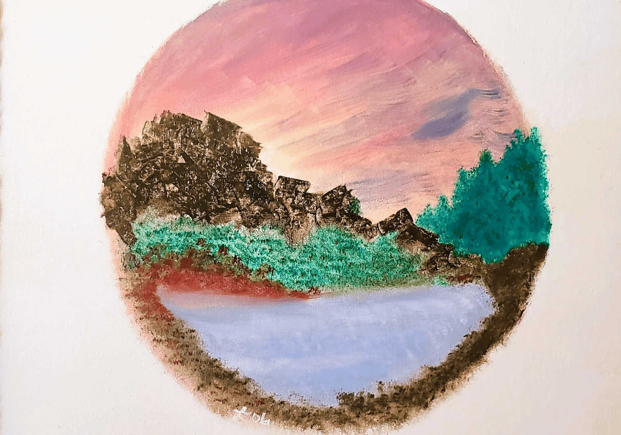 Circular landscape painting of lake at sunset