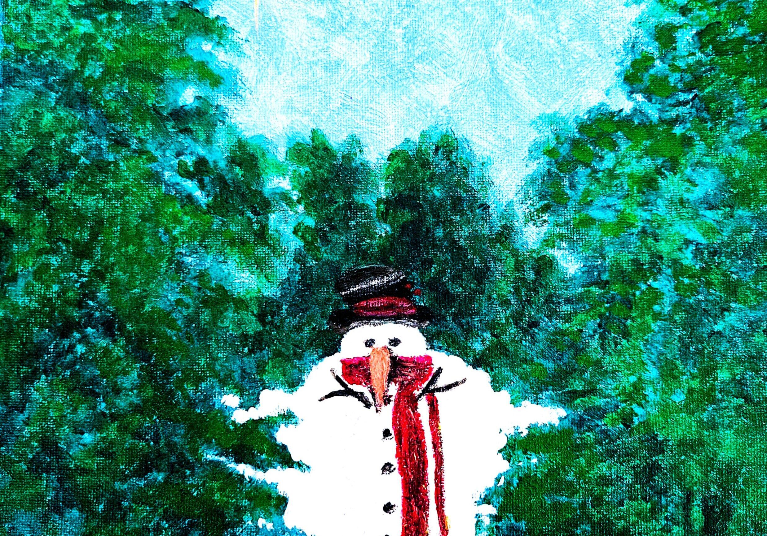 A cheerful snowman stands between two green pine trees in a snowy landscape.
